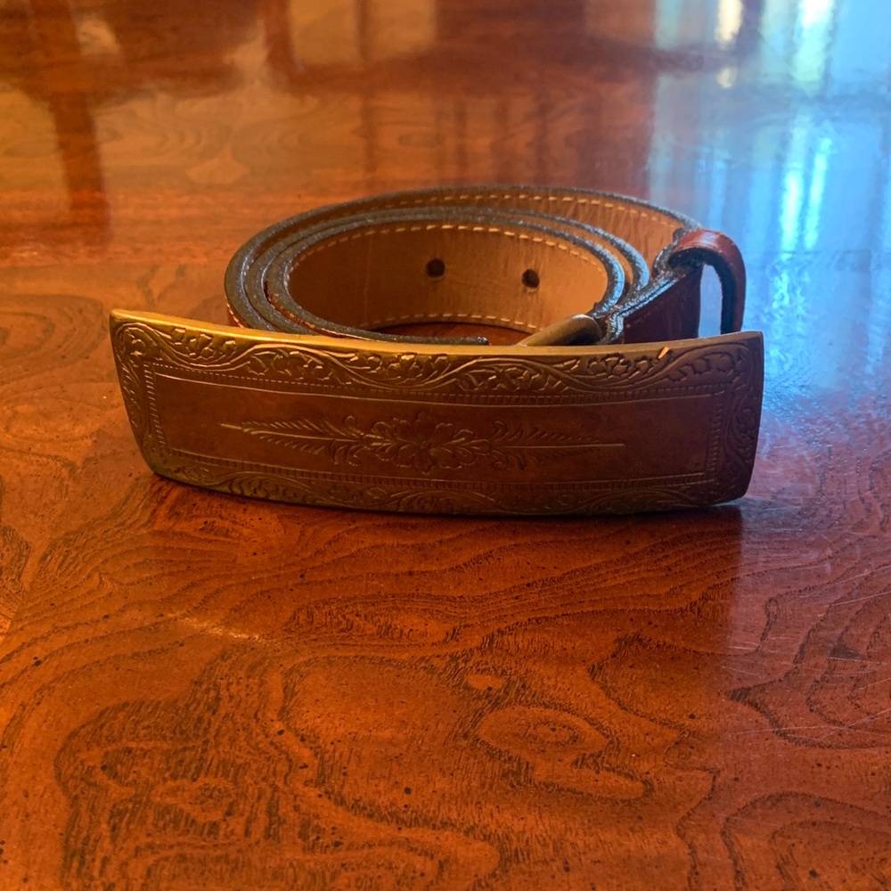 Streets Ahead Brown Croc Print Leather Belt w Brass Plaque